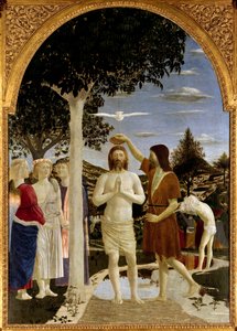 Die Taufe Christi Johannes der Täufer tauft Jesus, während ein anderer Mann hinter ihm sich ebenfalls auf die Taufe vorbereitet. Der Heilige Geist über Christus in Form der Taube und die Jünger links beobachten die Szene. Fresko von Piero della Francesca (