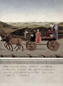 Triumph von Battista Sforza, Herzogin von Urbino. Battista und ihre Zofe, zwei theologische Tugenden und eine Nonne werden in einem Triumphwagen von zwei braunen Einhörnern gezogen, nach 1472 (Tempera auf Holz) (Detail)