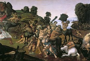 Der Kampf zwischen den Lapithen und den Kentauren, (Detail der Kentauren, die die Lapithen angreifen) ca. 1490er