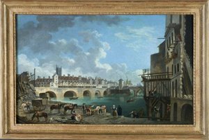 Vue du quai de Gesvres zum Zeitpunkt des Abrisses der Häuser der Pont au Change, um 1788