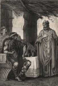 Heiliger Gregor von Tours (538-594) (Gregor von Tours) widersetzt sich Chilperich I. (539-584) Frankenkönig der Merowinger-Dynastie - Gravur von Pierre Fritel (1853-1942)