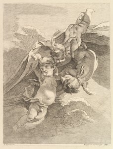 Drei Amoretten halten ein Tuch, aus Premier Livre de Grotesques von Pierre Alexandre Aveline