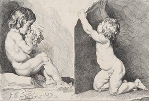 Zwei nackte Kinder, die Trauben essen, aus dem Neuen Kinderbuch, 1720-60