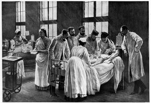 Le Croup im Krankenhaus Trousseau, von Andre Brouillet - Der Croup geheilt von Doktor Roux, graviert von E. Buval (Farblithografie) von Pierre Andre (after) Brouillet