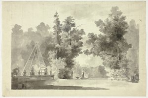 Ansicht des Parks von Versailles: Bogen der Leitern mit Pflanzen; Statuen
