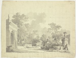 Ansicht des Parks von Versailles: Gewölbter Eingang zu einer Terrasse, Urnen und zerstörte Statuen von Pierre Antoine Mongin