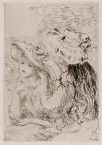 Zwei junge Mädchen, die Blumen an ihre Hüte stecken, ca. 1897 von Pierre Auguste Renoir
