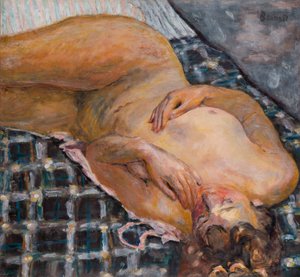 Liegender Akt auf weiß-blauem Karo, ca. 1909
