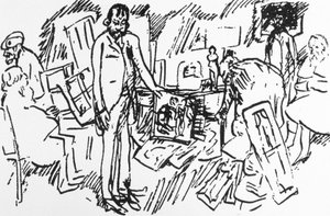 Das Geschäft des Pariser Kunsthändlers Ambroise Vollard in Paris um 1895: Maler Camille Pissarro, Auguste Renoir, Pierre Bonnard und Edgar Degas mit einem Kunden