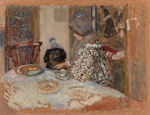 Frau mit Hund, oder Frau und Hund am Tisch von Pierre Bonnard