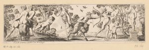 Satyr schießt einen Pfeil auf eine Statue von Bacchus, während Merkur zusieht von Pierre Brebiette