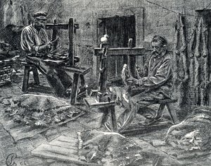 Handwerker, die Schafsfelle entfleischen, Gravur aus „Excursion à travers les métiers“ von Pierre Calmette, Privatsammlung
