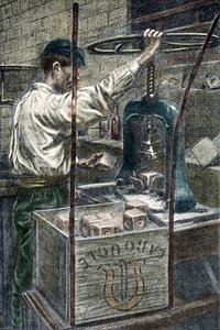 Seifenfabrik: Prägen der Seifenmarke, Gravur aus „Excursion à travers les métiers“ von Pierre Calmette, Privatsammlung