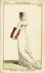 Frau in weißem Kleid mit Schleier über halbem Haar, Paris