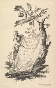 Titelseite: Ein lächelnder Mann hält eine Ecke eines an einen Feigenbaum gebundenen Tuchs und zeigt mit einem Finger, 1759