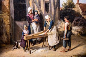 Die Bauernfamilie (Bauern beim Hanfvorbereiten vor der Hütte)