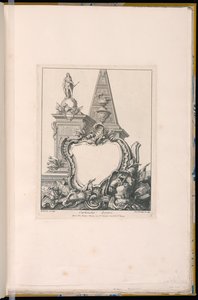 Kartusche mit Trophäen, einer Statue und einer Pyramide