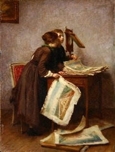 Kinder betrachten Drucke, ca. 1870