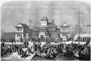 Zollansicht im Hafen von Shanghai im Jahr 1860, China. Gravur von Grandsire, in „Le Tour du Monde, Nouveau journal des Voyages“, herausgegeben von Edouard Charton, Paris von Pierre Eugene Grandsire
