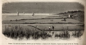 Die Saline von Lusandra, in der Nähe von Triest, zerstört von den Venezianern, die sie als gefährliche Konkurrenz zum Monopol betrachteten, das sie in der Adria ausübten, Gravur von E. Grandsire zur Illustration der Reise nach Istrien und Dalmatien 1874 vo von Pierre Eugene Grandsire