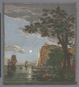 Ansicht einer Küste mit Schiffen und Booten auf dem Wasser bei Mondlicht