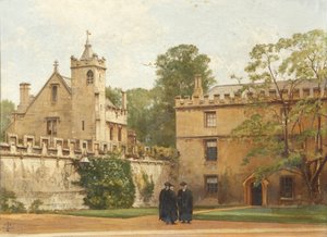 Die Grammatikhalle vom St. Johns Quadrangle im Jahr 1881: Präsident Bulley in der Lodgings Drive und zwei andere, 1881