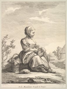 Kleines Mädchen, das Trauben hält, mit einem Korb davon an ihrer Seite, aus Deuxième Livre de..., nach 1757 von Pierre François Tardieu