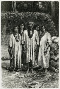 Häuptling Lacandon und Lacandon-Typen, Maya-Volk, das in den Dschungeln von Chiapas (Mexiko) lebt. Gravur von P. Fritel, zur Illustration der Geschichte „Reise nach Yucatan und das Land der Lacandons“, 1882, von Désiré Charnay (1828-1915), Archäologe und F
