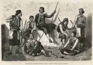 Die Krivoscianer, Bergbewohner der Bucht von Kotor (oder Kotor, Bucht an der westlichen Küste Montenegros), bewaffnet, um der Macht der österreichischen Truppen zu widerstehen. Gravur nach der Zeichnung von P. Fritel, zur Illustration der Reise nach Dalmat