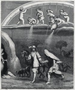 Enee und Didon vom Regen im Wald überrascht. Illustration aus „Virgil travesti“ von Paul Scarron (1610-1660), eine Parodie der „Aeneis“. Gravur von Staal. von Pierre Gustave Eugene Staal