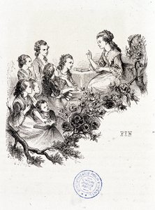 Junge Haushälterin erzählt einer Gruppe von Kindern eine Geschichte - in „Le magasin des enfants“ von Mme Leprince de Beaumont, ill. Staal, Garnier