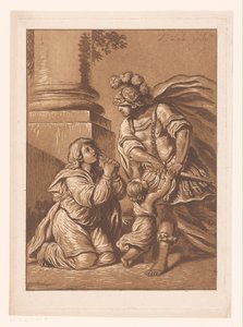 Drohend Soldat mit flehender Frau und Kind