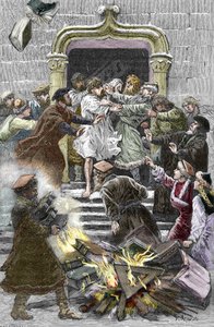 Sozinianismus und die kleine polnische Kirche: die Einwohner von Krakau verbrennen die Werke von Faustus Socinus auf dem öffentlichen Platz und zwingen ihn, 1598 dem Autodafé beizuwohnen
