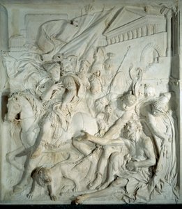 Alexander der Große trifft den griechischen Philosophen Diogenes den Zyniker in seinem Fass. Basrelief aus Marmor von Pierre Puget (1620-1694) 1693. Aus dem Salle des cent Suisse (Louvre). Paris, Louvre Museum von Pierre Puget