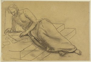 Auf Stufen liegender, lesender Mann, Studie für „Ein Philosoph“ für die Boston Library von Pierre Puvis de Chavannes