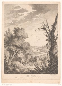 Landschaft mit Hirschen, Kaninchen und Vögeln und einem Fluss im Hintergrund von Pierre Quentin Chedel