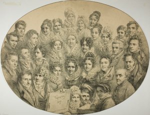 Porträts von 31 Personen in einem Oval von Pierre Roch Vigneron