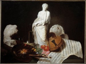 Die Attribute der Künste: Palette des Malers, Geige, Partituren, Skulptur