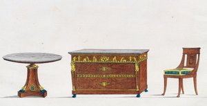 Mahagonitisch, Kommode und Stuhl, Tafel 241, Illustration aus Collection de meubles et objects de gout (Sammlung von Möbeln und Geschmackgegenständen)
