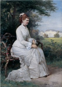 Porträt von Prinzessin Emma von Waldeck-Pyrmont, die auf einer Bank im Park des Palastes Het Loo sitzt von Piet Schipperus
