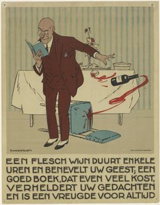 Lesender Mann stößt versehentlich eine Flasche und ein Glas Wein vom Tisch von Piet van der Hem
