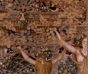 Flämischer Wandteppich. Serie Vertumnus und Pomona. Vertumnus verwandelt sich in einen Bauern. Zweiter Wandteppich der Serie. Rechter Teil die Verwandlung der Nymphe Myrrha. Modell Kreis von Pieter Coecke van Aelst. Herstellung Wilhelm Pannemaker, Brüssel.