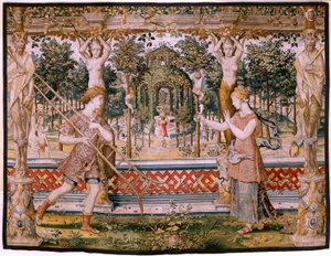 Vertumnus und Pomona; Vertumnus verwandelt sich in einen Gärtner. Fünfter Wandteppich der Serie. von Pieter (circle of) Coecke van Aelst