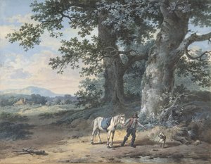 Ein Bauer führt sein Pferd am Rande eines Waldes