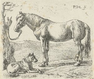 Pferd und Hund auf einer Weide von Pieter Bodding van Laer