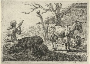 Spinnende Frau, Schweine und Esel (Verschiedene Tiere)
