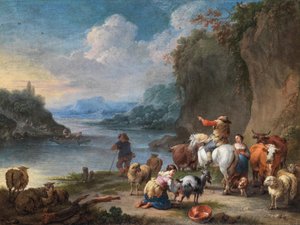 Treiber und ihre Herde ruhen am Fluss von Pieter Bout