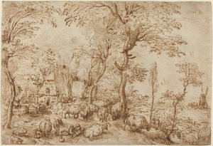 Bauern und Vieh in der Nähe eines Bauernhauses