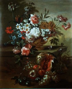 Stillleben mit Blumen in einer Urne und Obst