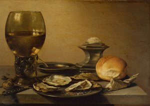 Ein Frühstücksstillleben mit Austern, Salzbrot und Nüssen